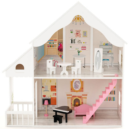 Semi-Opened DIY Dollhouse with Simulated Rooms and Furniture Set-White