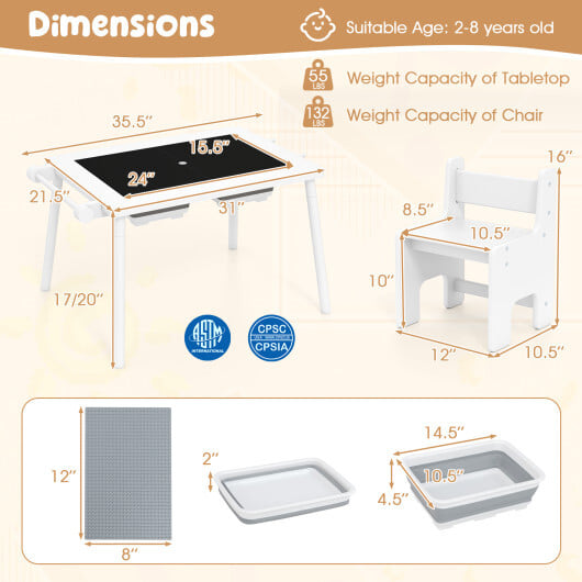 Sensory Table and Chair Set for Kids 2-8 with Foldable Bins-White - Image 5