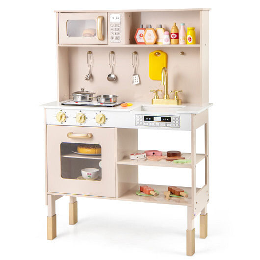 Play Kitchen Height Adjustable with Microwave and Lights and Sounds-Pink