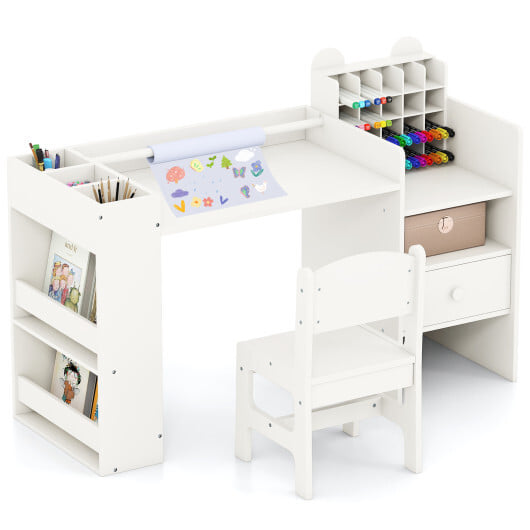 Kids Art Table and Chair Set with Detachable Paper Roll Holder and Cabinet-White
