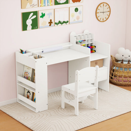 Kids Art Table and Chair Set with Detachable Paper Roll Holder and Cabinet-White - Image 2
