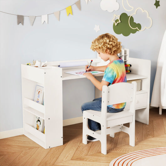 Kids Art Table and Chair Set with Detachable Paper Roll Holder and Cabinet-White - Image 3