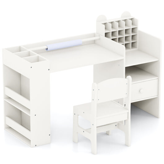 Kids Art Table and Chair Set with Detachable Paper Roll Holder and Cabinet-White - Image 4