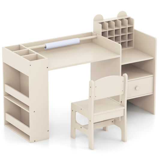 Kids Art Table and Chair Set with Detachable Paper Roll Holder and Cabinet-White - Image 6