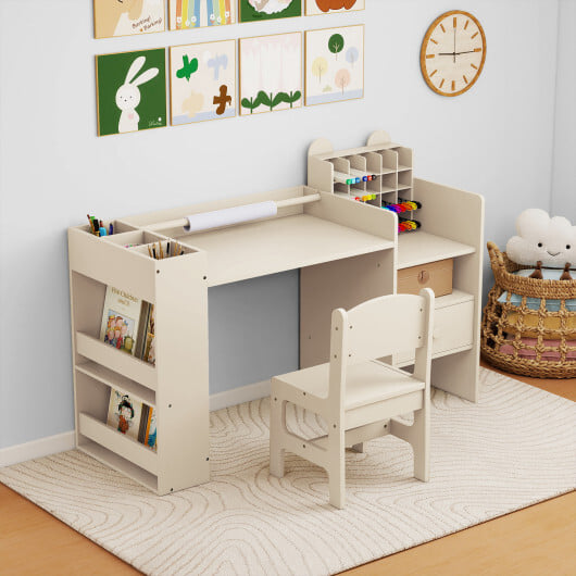 Kids Art Table and Chair Set with Detachable Paper Roll Holder and Cabinet-White - Image 7