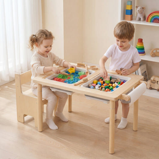 Kids Sensory Table Set with Adjustable Height and 2 Storage Bins-Natural - Image 2