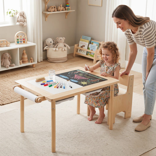 Kids Sensory Table Set with Adjustable Height and 2 Storage Bins-Natural - Image 3