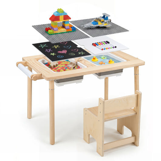 Kids Sensory Table Set with Adjustable Height and 2 Storage Bins-Natural - Image 4