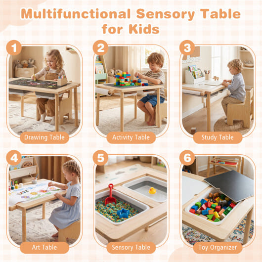 Kids Sensory Table Set with Adjustable Height and 2 Storage Bins-Natural - Image 5