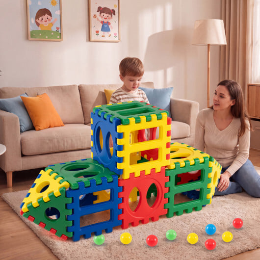 32-Piece Oversized Waffle Block Set with 10 Ocean Balls Easy-to-Use Grid Building Toys - Image 2