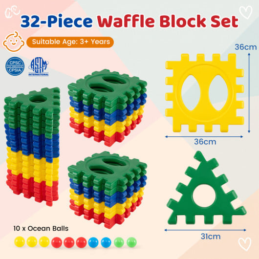 32-Piece Oversized Waffle Block Set with 10 Ocean Balls Easy-to-Use Grid Building Toys - Image 5