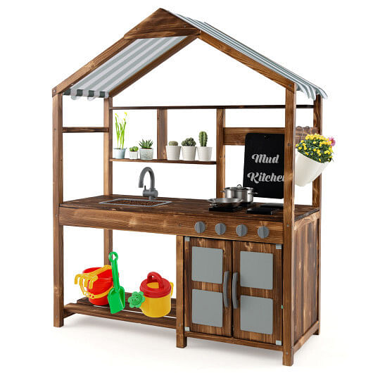 Kid’s Mud Kitchen Outdoor Solid Wood Mud Kitchen with Canopy-Natural