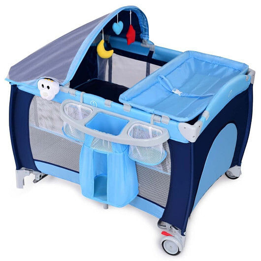 Costway Foldable Baby Crib Playpen Travel Infant Flat Bassinet Bed Mosquito Net Music with Bag Blue