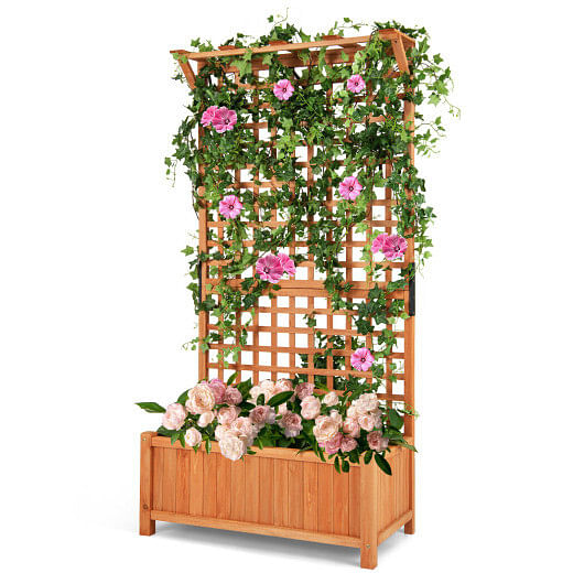 Costway Raised Garden Bed with Trellis and Hanging Roof-Natural