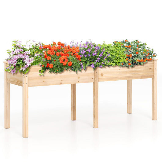Costway Fir Wood Outdoor Raised Garden Bed with Divider Panel and Drainage Holes-Natural