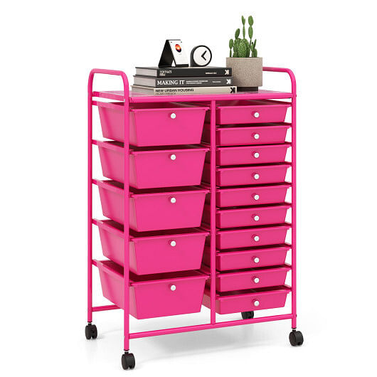 Costway 15-Drawer Utility Rolling Organizer Cart MultiUse Storage-Pink