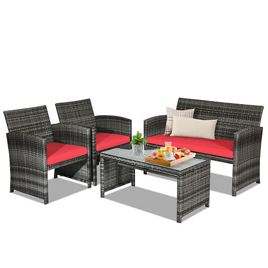 Costway 4PCS Patio Rattan Conversation Glass Table Top Cushioned Sofa Red
