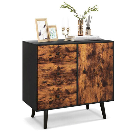 Costway Mid-Century Wood Storage Cabinet with Door and 3 Drawers