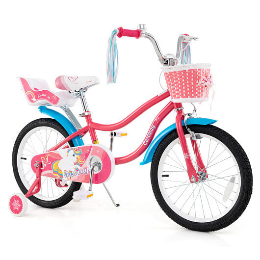 Costway 18 Inch Girls Bike for 3-5 Years Old Kids Bike with Doll Seat and Training Wheels