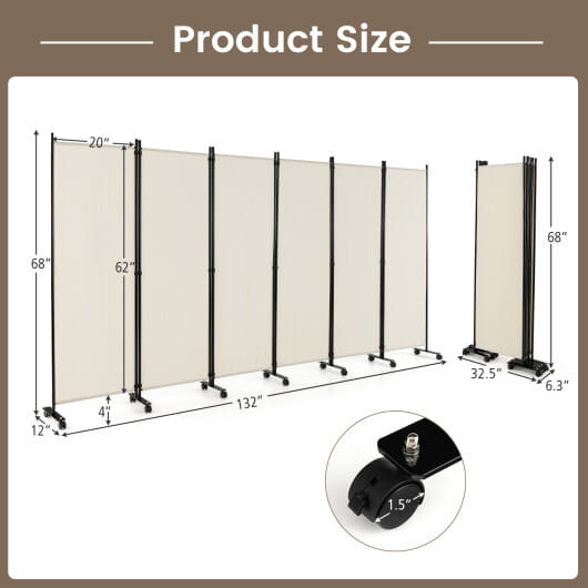 Costway 6 Panel 5.7 Feet Tall Rolling Room Divider on Wheels-White - Image 4