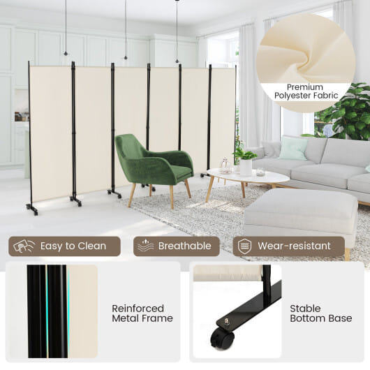 Costway 6 Panel 5.7 Feet Tall Rolling Room Divider on Wheels-White - Image 5