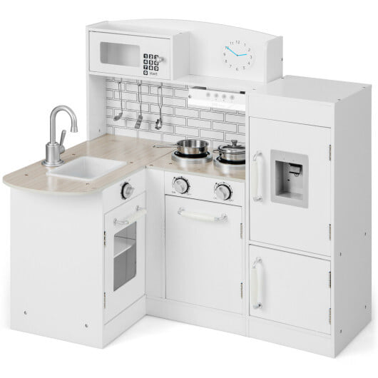 Costway Kids Kitchen Playset Conor Kitchen Toy with Realistic Microwave and Oven Stove-White