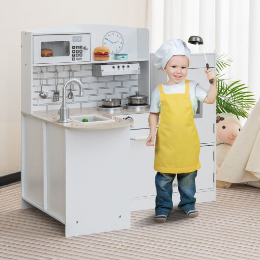 Costway Kids Kitchen Playset Conor Kitchen Toy with Realistic Microwave and Oven Stove-White - Image 2