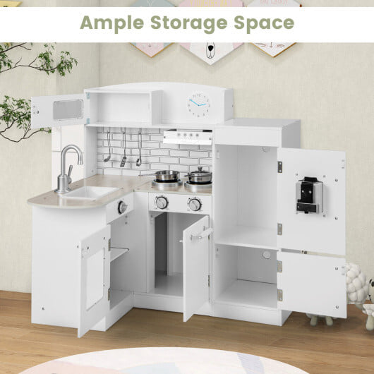 Costway Kids Kitchen Playset Conor Kitchen Toy with Realistic Microwave and Oven Stove-White - Image 4