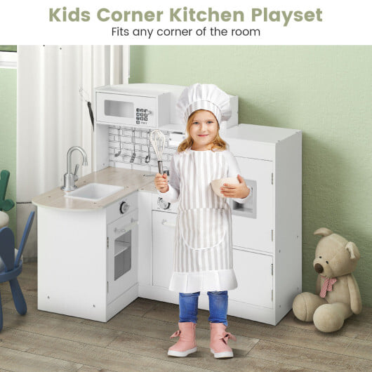 Costway Kids Kitchen Playset Conor Kitchen Toy with Realistic Microwave and Oven Stove-White - Image 5