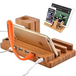 Category: Dropship Mounts & Holders, SKU #1255199, Title: Multifunctional Bamboo USB Charging Dock Phone Tablet Holder Mount for Apple Watch