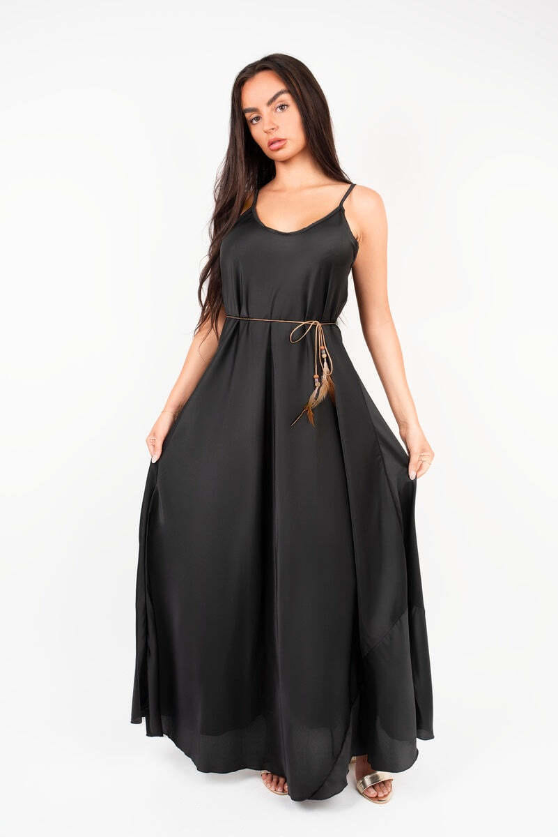 Strappy Maxi Dress with Feather Tie Waist-Black / S/M