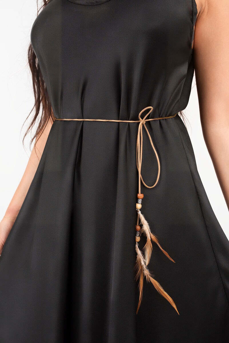 Strappy Maxi Dress with Feather Tie Waist-Black / S/M - Image 2