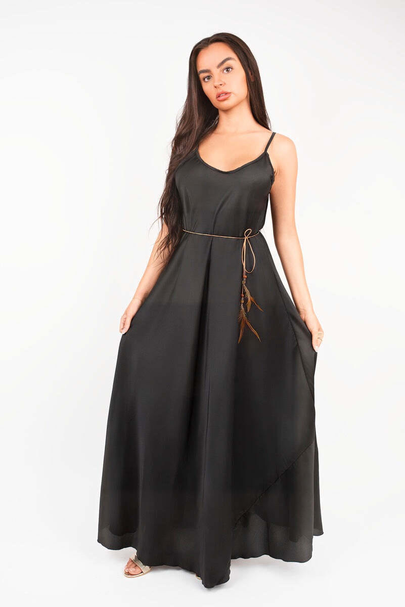 Strappy Maxi Dress with Feather Tie Waist-Black / S/M - Image 4
