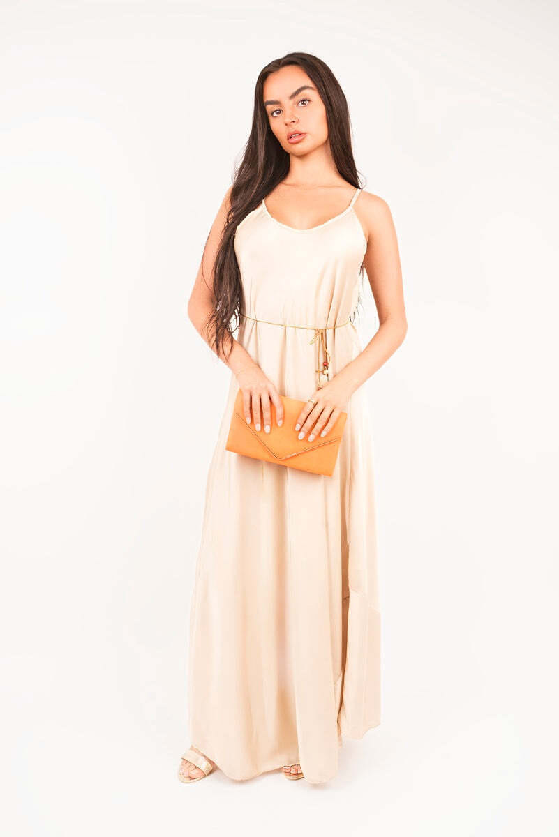 Strappy Maxi Dress with Feather Tie Waist-Black / S/M - Image 5