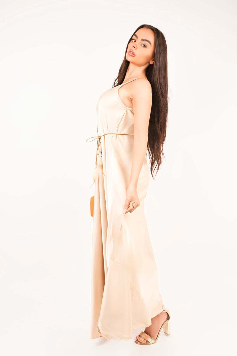 Strappy Maxi Dress with Feather Tie Waist-Black / S/M - Image 7