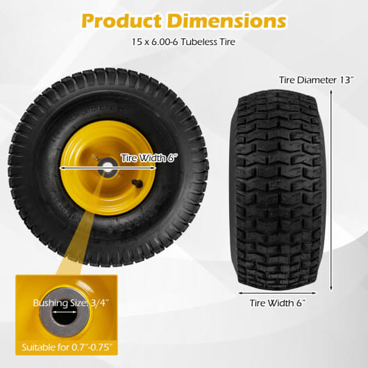 15 x 6.00-6 Tubeless Tires and Wheels 2 Pack 4 PR Tires-Yellow - Color: Yellow - Image 6