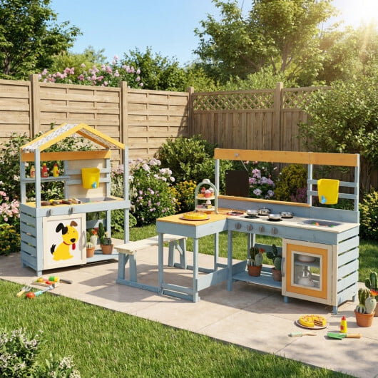 Ultimate Kids Outdoor Play Complex: 4-in-1 Wooden Mud Kitchen & BBQ Grill Set with Picnic Table - Image 2