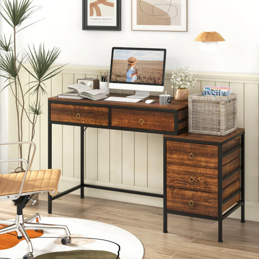 Computer Desk with 5 Drawers Home Office Desk with Side File Cabinet-Rustic Brown - Color: Rustic Brown - Image 2