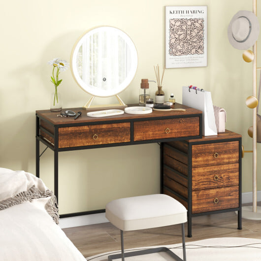 Computer Desk with 5 Drawers Home Office Desk with Side File Cabinet-Rustic Brown - Color: Rustic Brown - Image 3