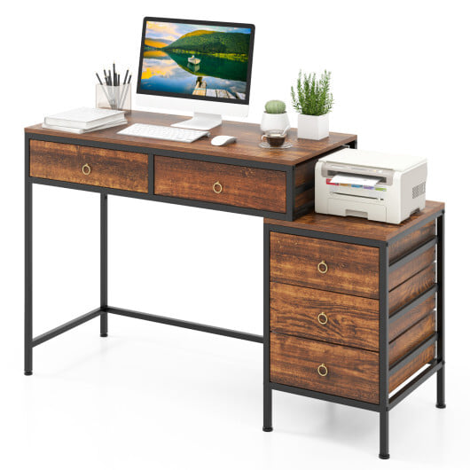 Computer Desk with 5 Drawers Home Office Desk with Side File Cabinet-Rustic Brown - Color: Rustic Brown - Image 4
