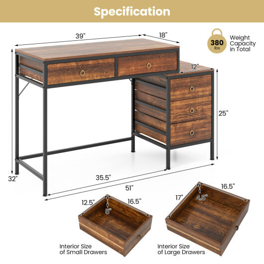 Computer Desk with 5 Drawers Home Office Desk with Side File Cabinet-Rustic Brown - Color: Rustic Brown - Image 5