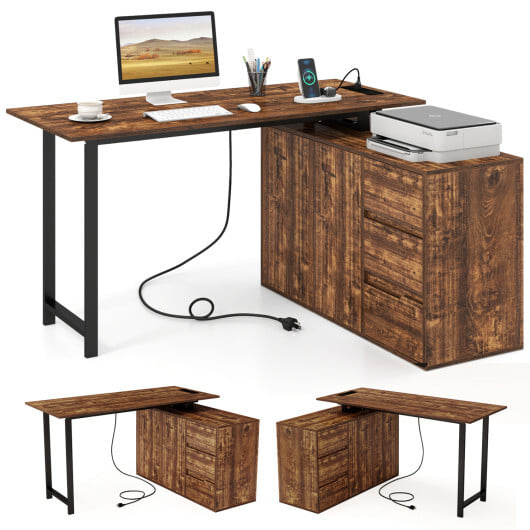 L-Shaped Desk with File Cabinet and Power Outlet Reversible Corner Computer Desk-Rustic Brown - Color: Rustic Brown
