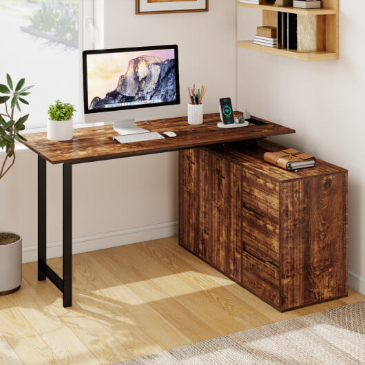 L-Shaped Desk with File Cabinet and Power Outlet Reversible Corner Computer Desk-Rustic Brown - Color: Rustic Brown - Image 2