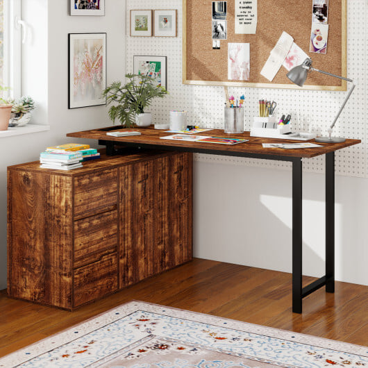 L-Shaped Desk with File Cabinet and Power Outlet Reversible Corner Computer Desk-Rustic Brown - Color: Rustic Brown - Image 3