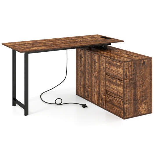 L-Shaped Desk with File Cabinet and Power Outlet Reversible Corner Computer Desk-Rustic Brown - Color: Rustic Brown - Image 4