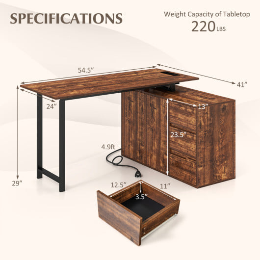 L-Shaped Desk with File Cabinet and Power Outlet Reversible Corner Computer Desk-Rustic Brown - Color: Rustic Brown - Image 5