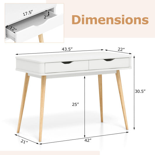 43.5 Inch Computer Desk with 2 Drawers for Small Spaces-White - Color: White - Image 5