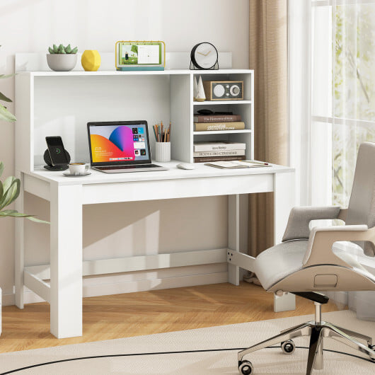 Modern Computer Desk with Hutch and Storage Shelves-White - Color: White - Image 2