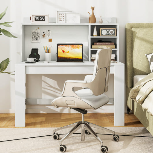 Modern Computer Desk with Hutch and Storage Shelves-White - Color: White - Image 3