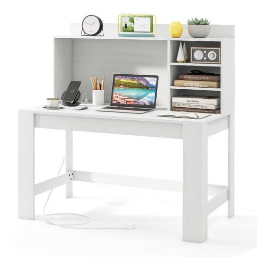 Modern Computer Desk with Hutch and Storage Shelves-White - Color: White - Image 4